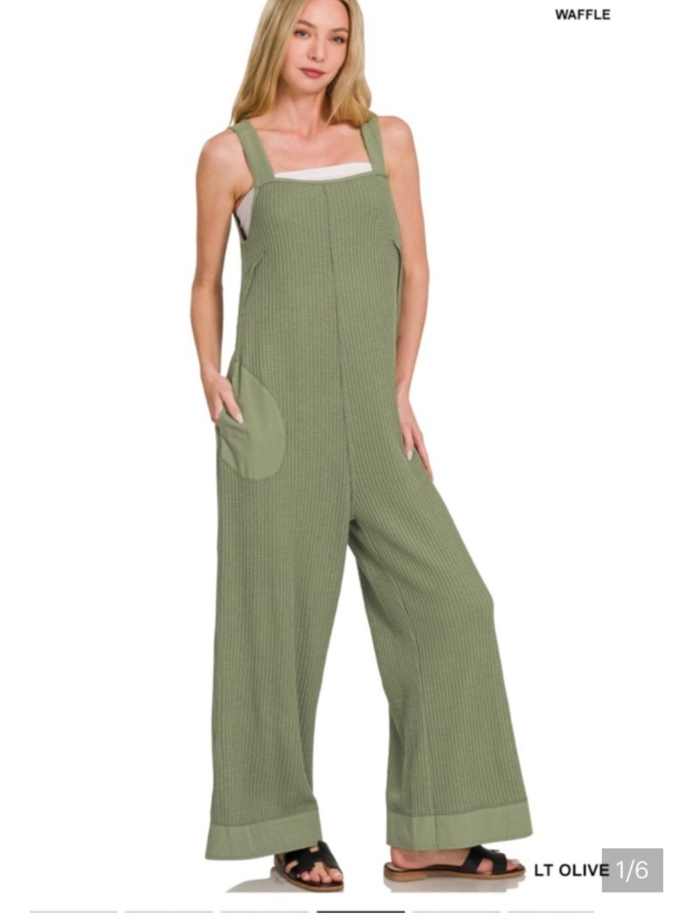 Zenana Sleeveless Olive Waffle Jumpsuit with Pockets